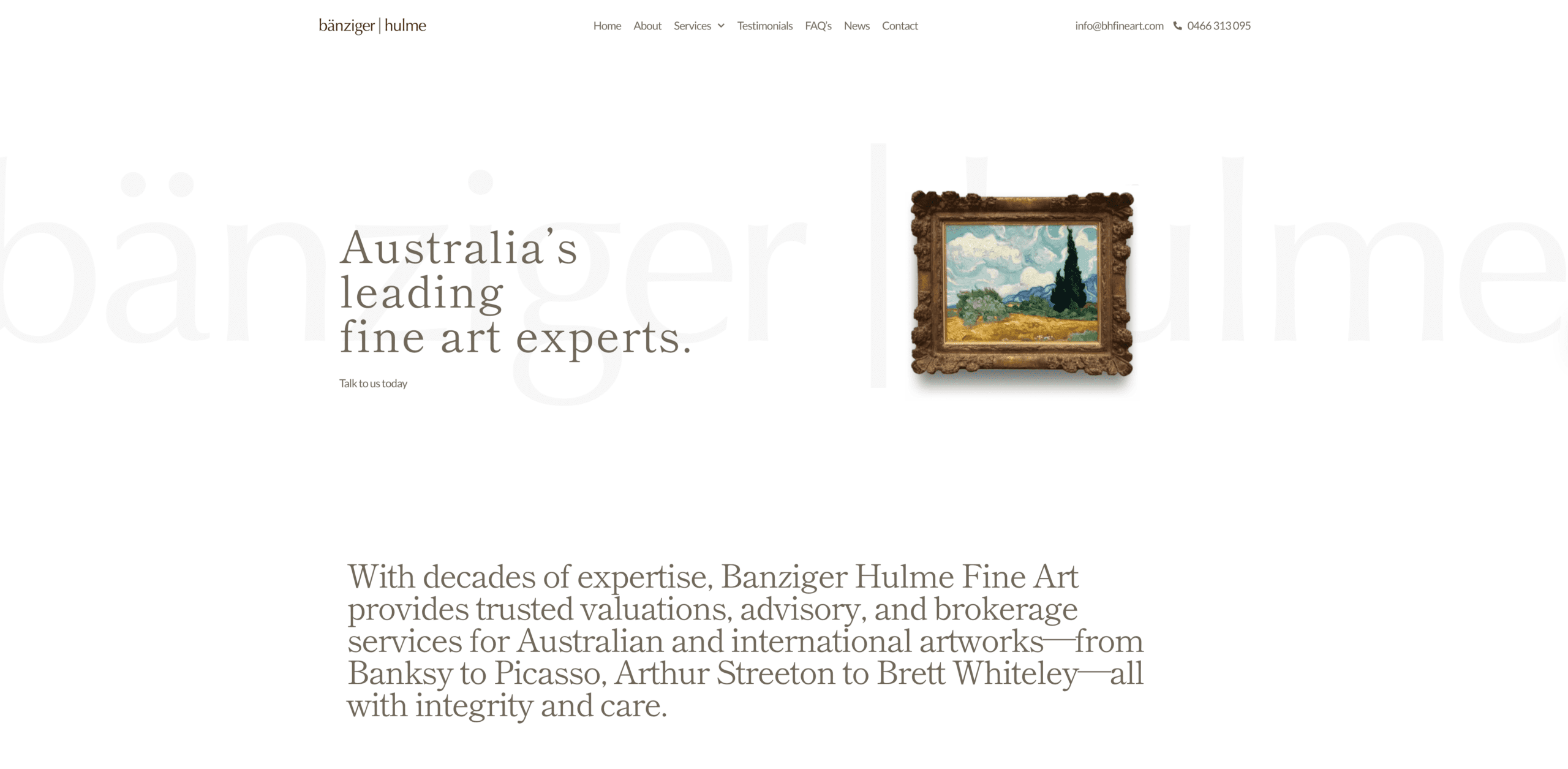 Remap Online’s WordPress website redesign for Banziger Hulme Fine Art Consultants showing homepage hero and fine art imagery